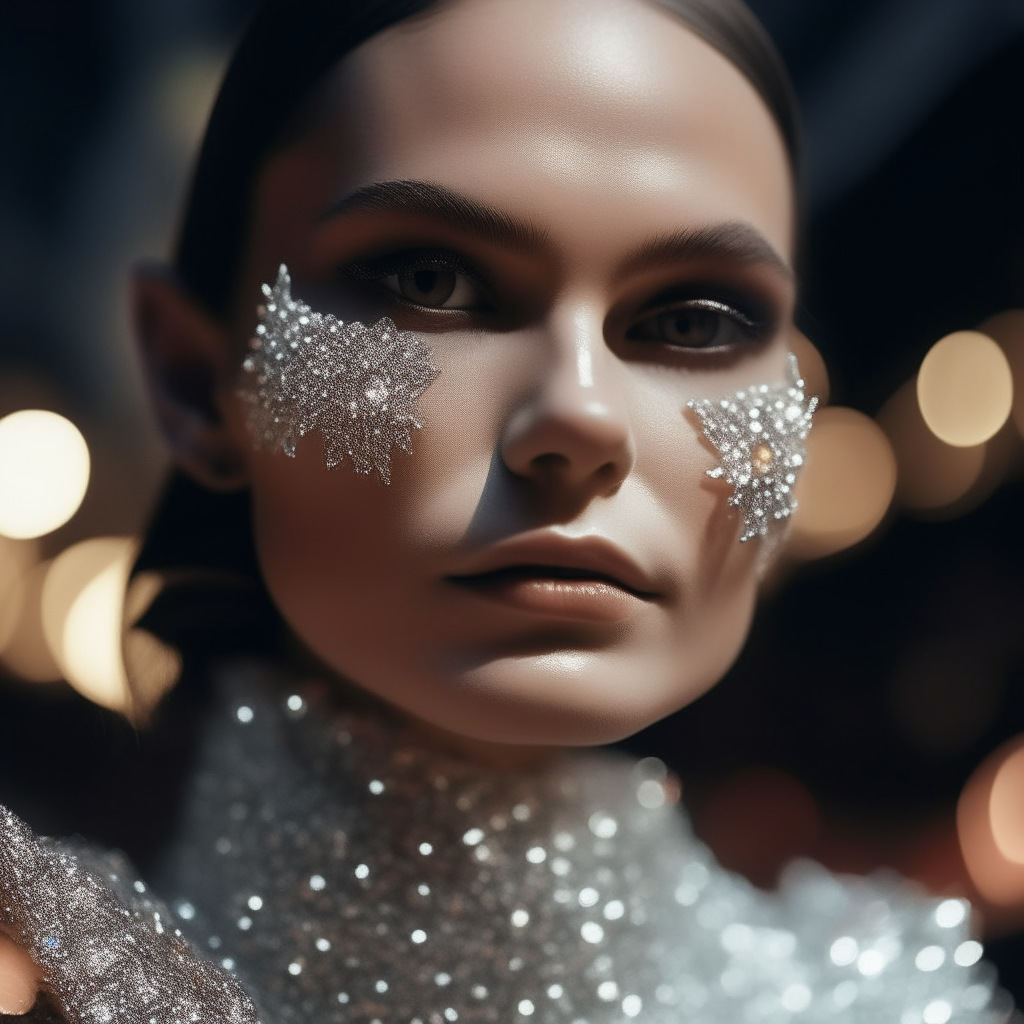 A close-up portrait of a woman walking towards the camera. Her glittering rhinestone outfit sparkles under the lights.