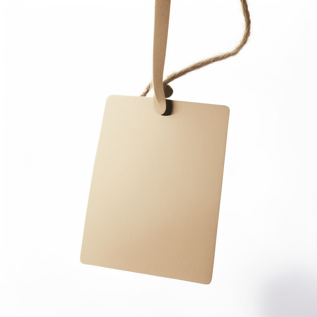 a blank cardboard tag attached to a string, hanging in front of a pure white background