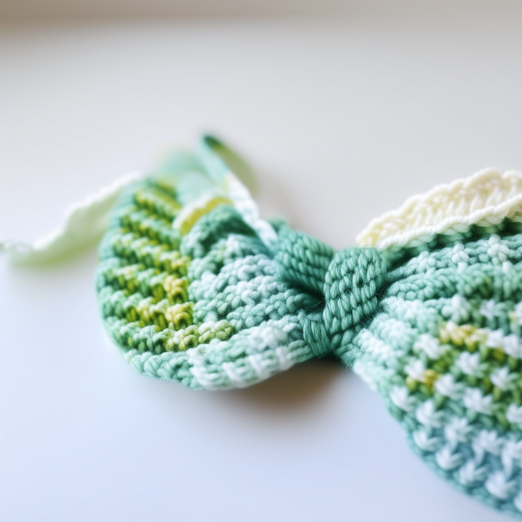 A close-up photograph of a crocheted bow tie lying on a plain white background. The bow tie is made of yarn in alternating thin stripes of light blue and light green, with white accents. The colors are bright and the materials are shown in sharp focus against the clean white backdrop.