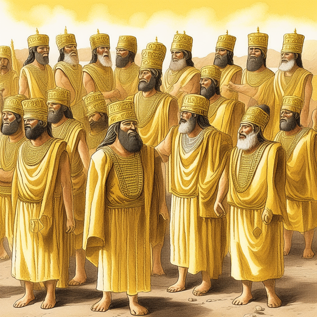 Sages and scholars in ancient Sumerian attire shouting 'Gold' as a solution to environmental problems
