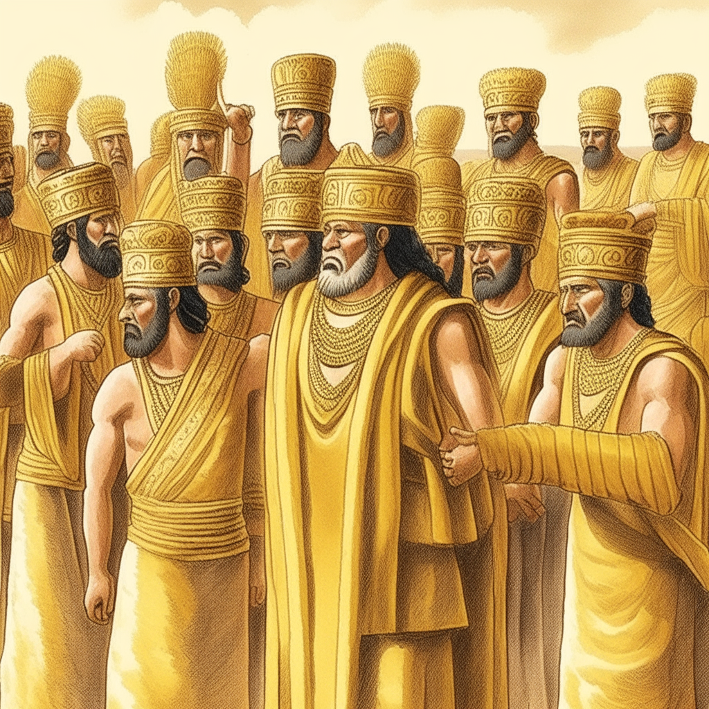 Sages and scholars in ancient Sumerian attire shouting 'Gold' as a solution to environmental problems