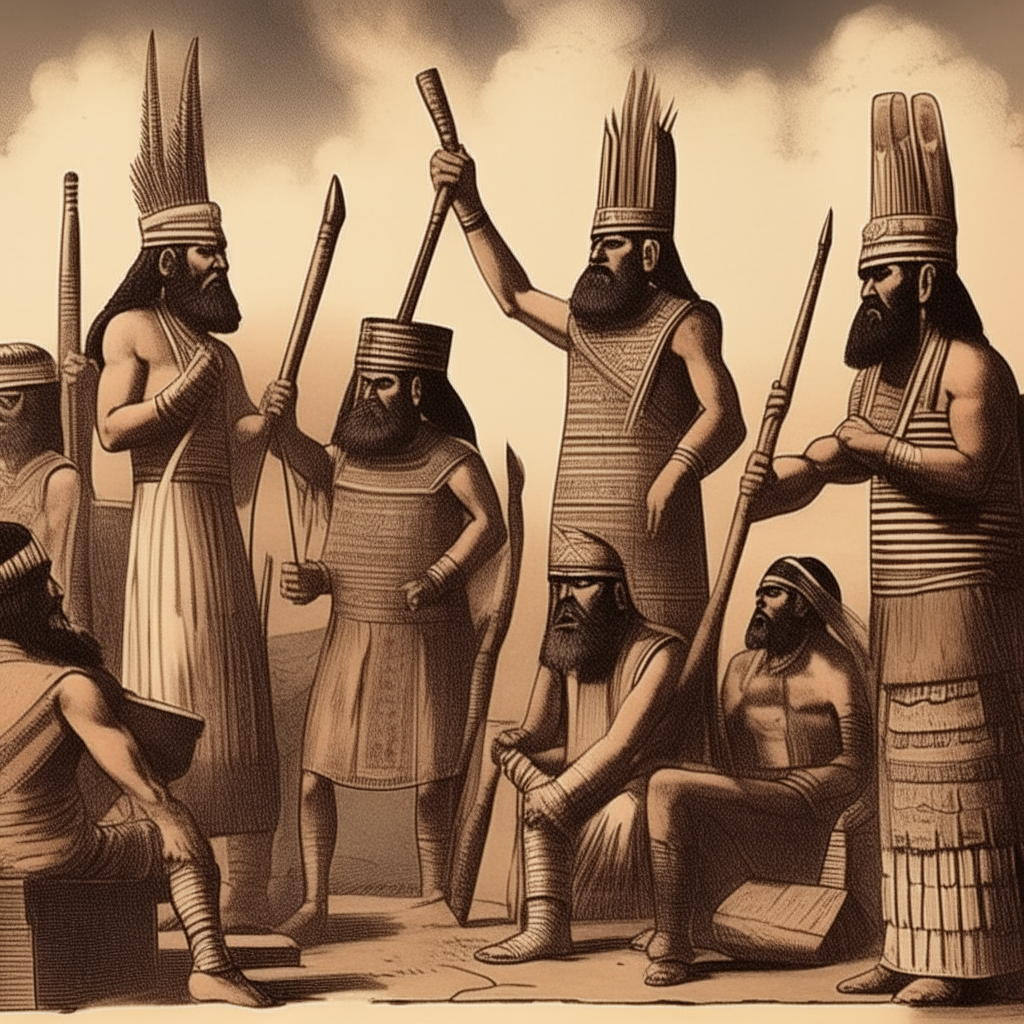 A group of Anunnaki suggesting using terror weapons and missiles against volcanoes