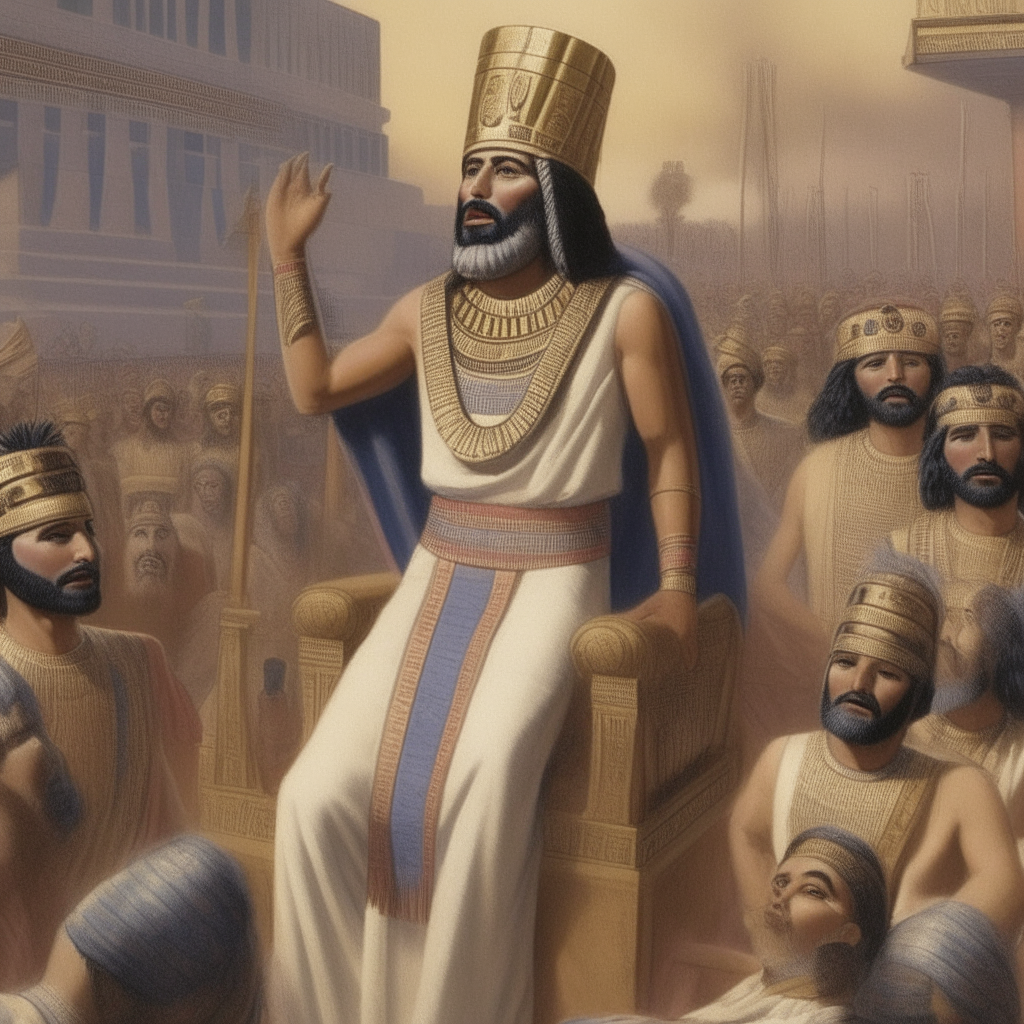 Prince Alalu announcing a new time has arrived and urging others to follow him in ancient Sumerian times
