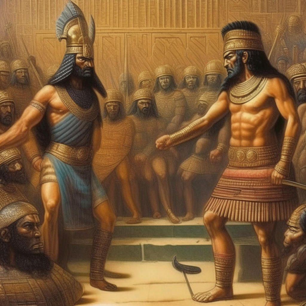 Alalu facing off against King Lahma to take the throne by force in ancient Sumerian times