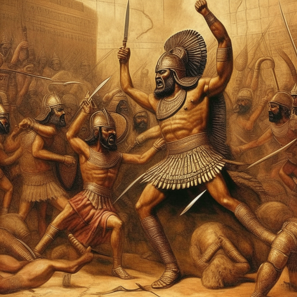 Warrior Alalu defeating King Lahma and proclaiming himself the new king in ancient Sumerian mythology
