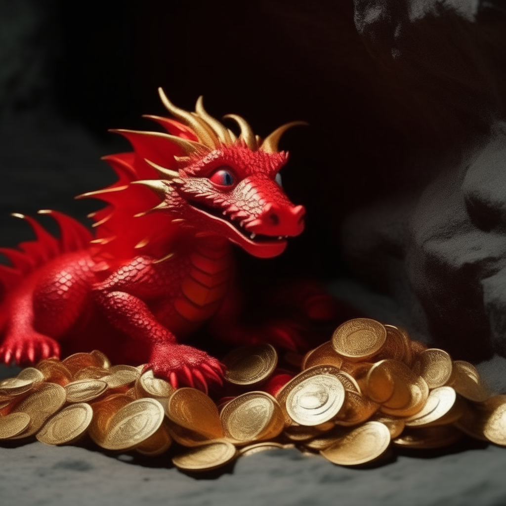 Un dragón bebé rojo contando monedas de oro en su cueva