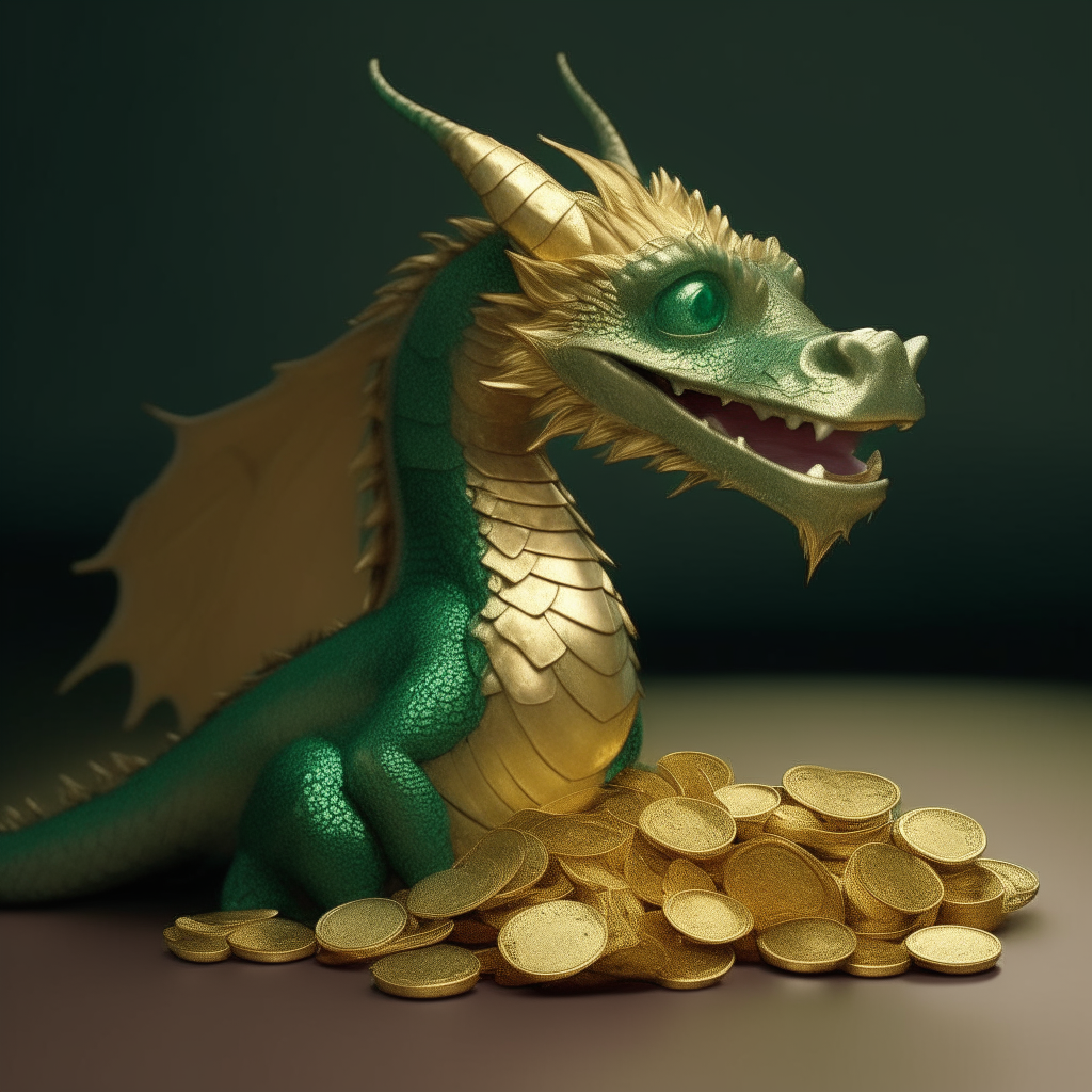 Un pequeño dragón verde sosteniendo un gran saco lleno de monedas de oro