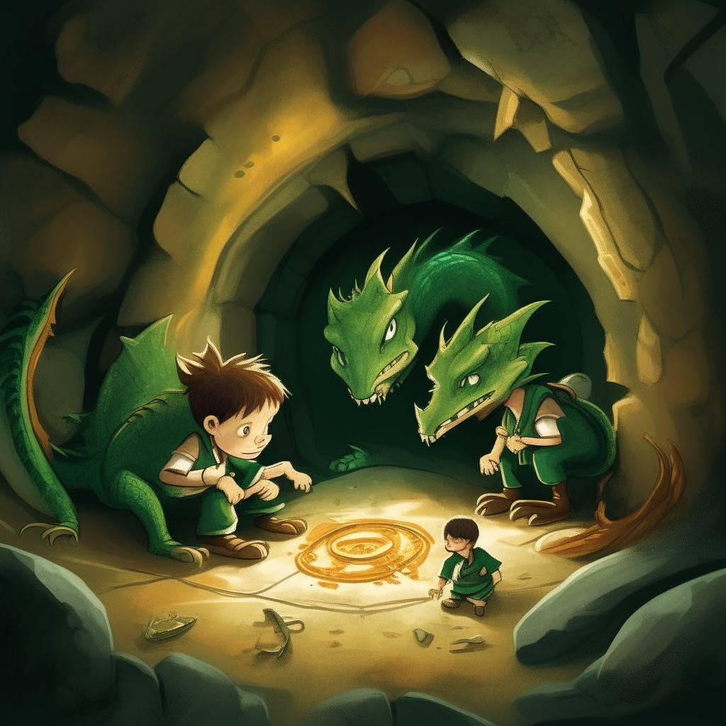 Dos pequeños dragones verdes jugando con un gran reloj de arena dorado en una cueva rocosa