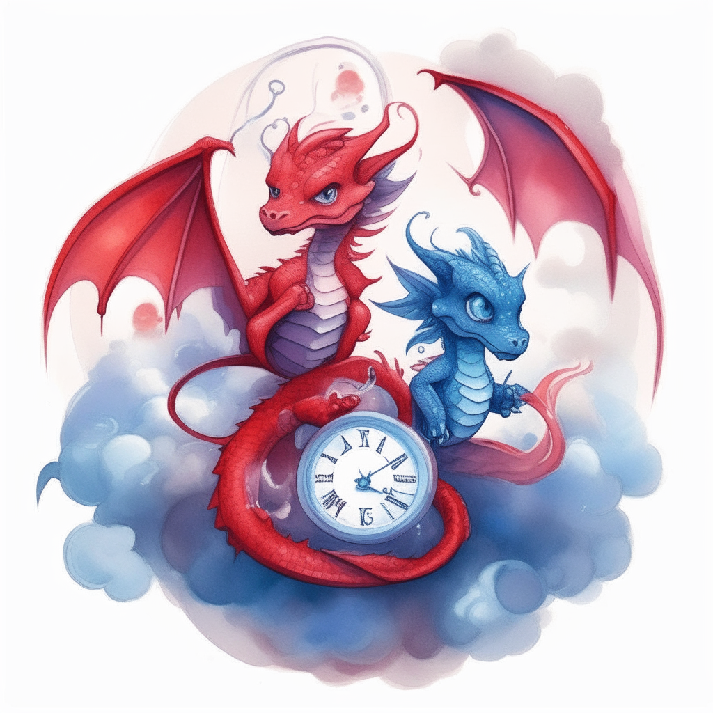 Tres dragones bebés, uno rojo, uno azul y uno morado, jugando con un reloj de arena de cristal en las nubes