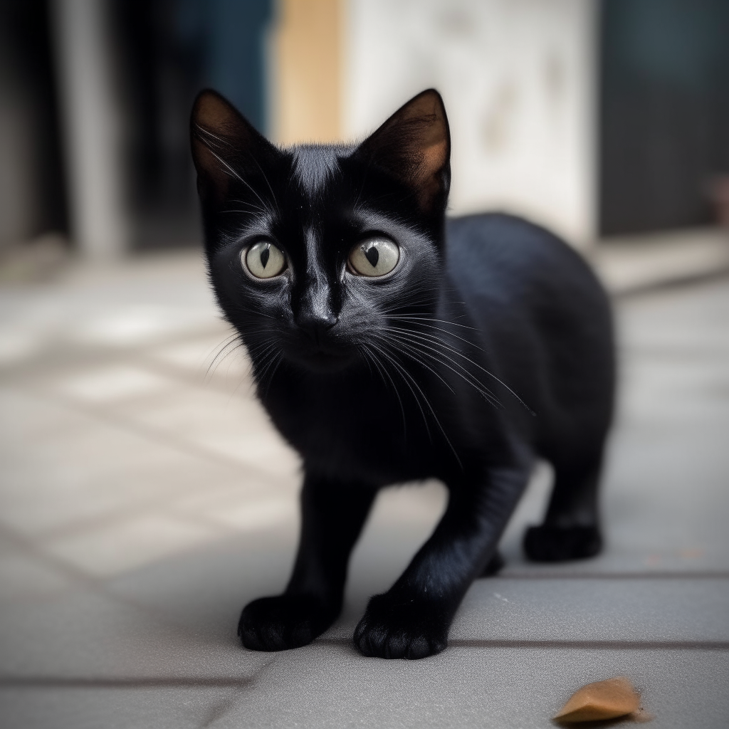 Un pequeño gato negro mirando una brújula plateada en el suelo