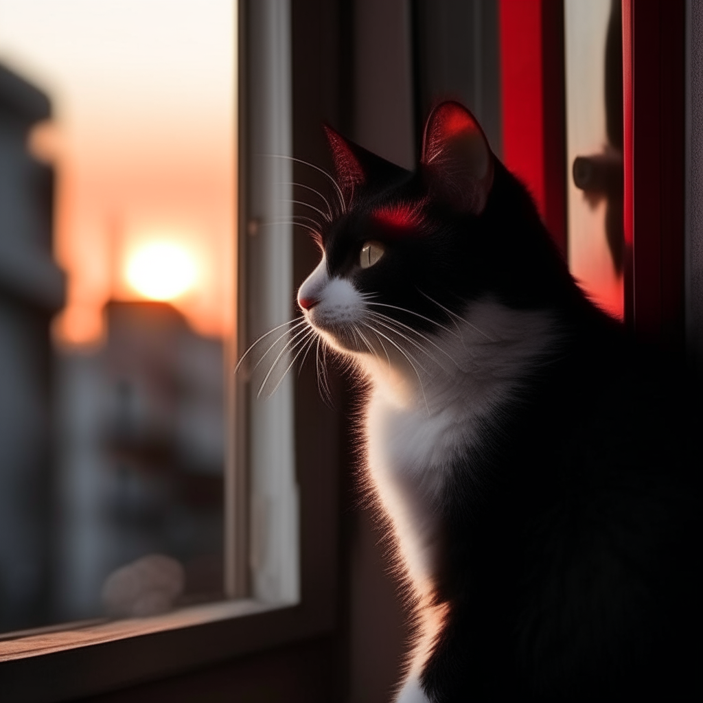 Un gatito negro con bigotes blancos sosteniendo una brújula roja en una ventana al atardecer