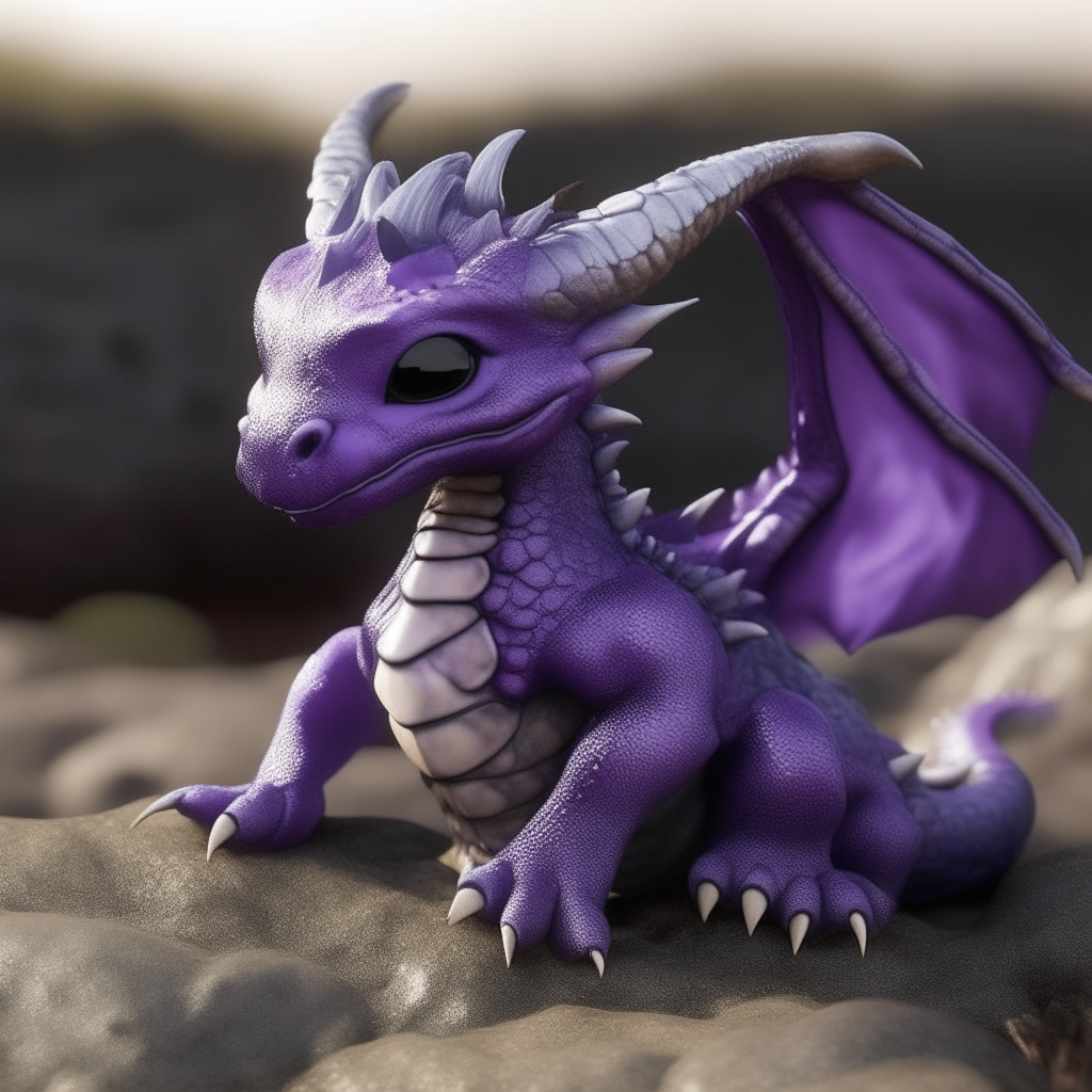 Un dragón bebé morado mirando una brújula plateada en una roca