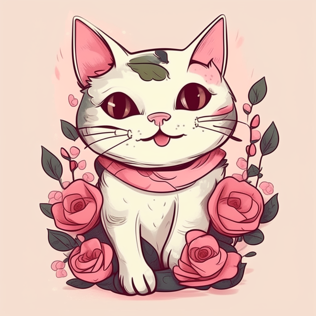 Gatito caricatura oliendo rosas