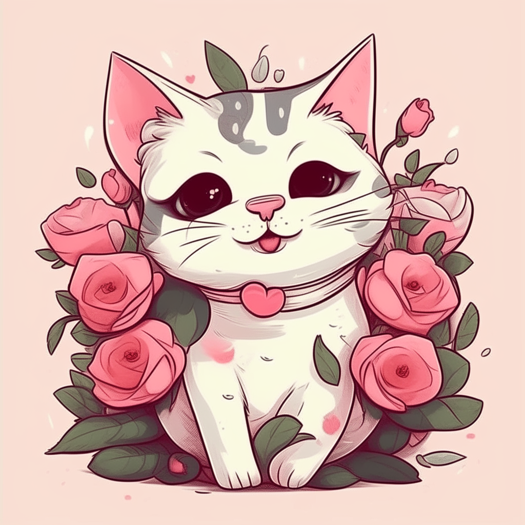 Gatito caricatura oliendo rosas