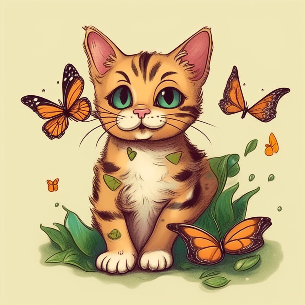 Gatito con mariposas rodeado caricatura