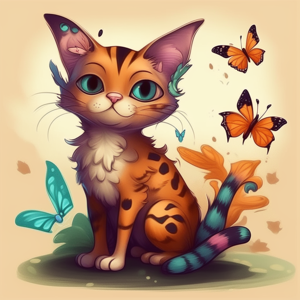 Gatito y dragoncito caricatura con muchas mariposas