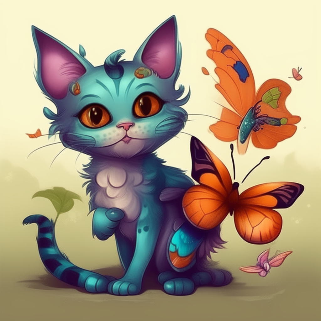 Gatito y dragoncito caricatura con muchas mariposas