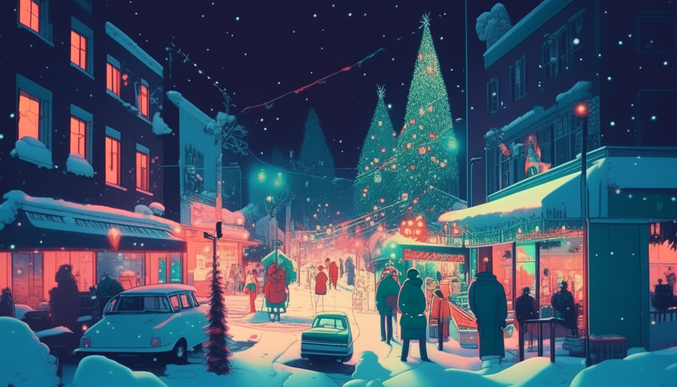 A busy street on a 1980s Christmas night. There is a decorated Christmas tree and a snowman on the street. Neon style image.