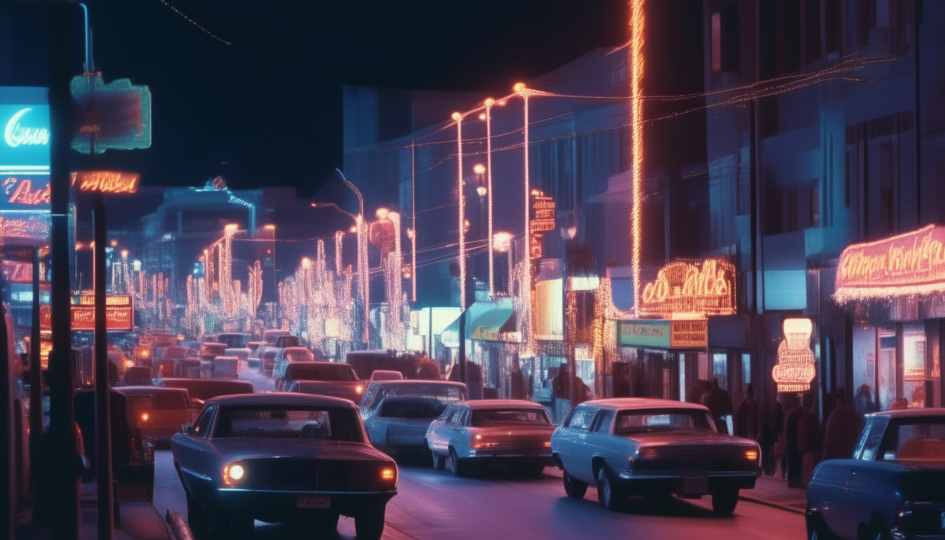 A neon-lit city street at night, with cars passing on the road and bright signs glowing above the buildings.