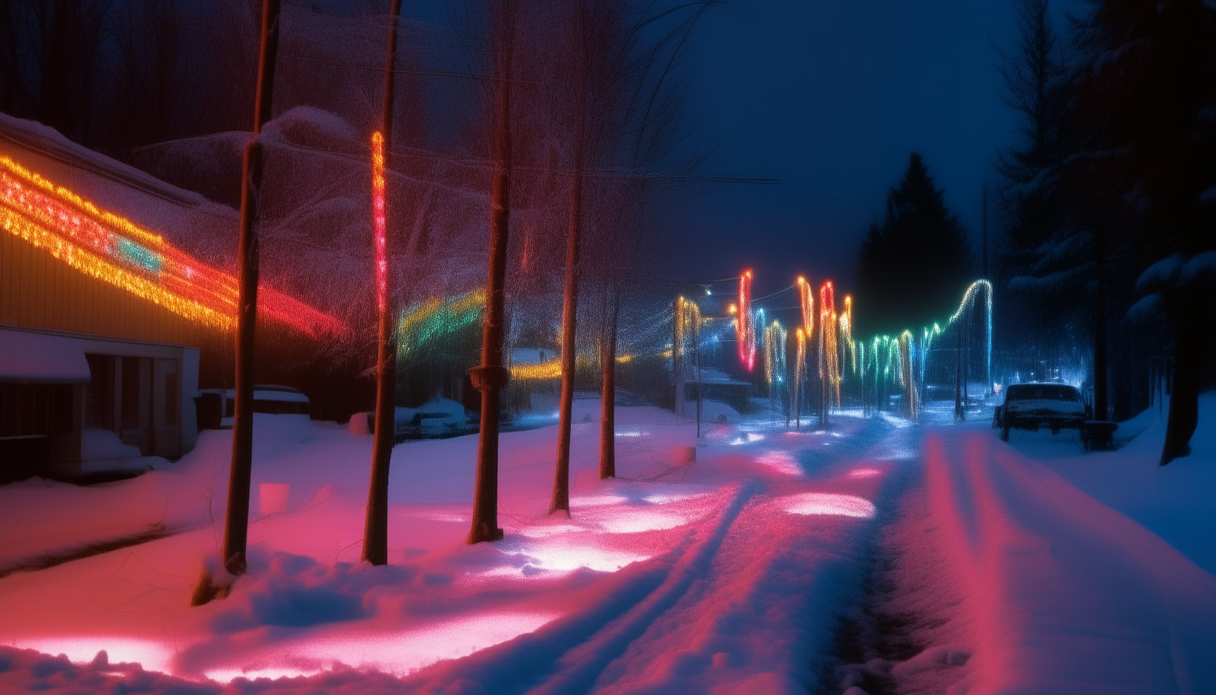Neon lights reflect off the snow on the ground, illuminating the winter night with a colorful glow.