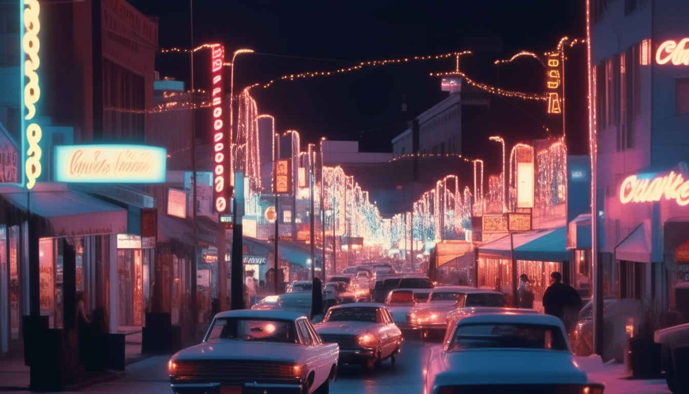 A neon-lit city street at night, with 1980s cars passing on the road and bright signs glowing above the buildings.