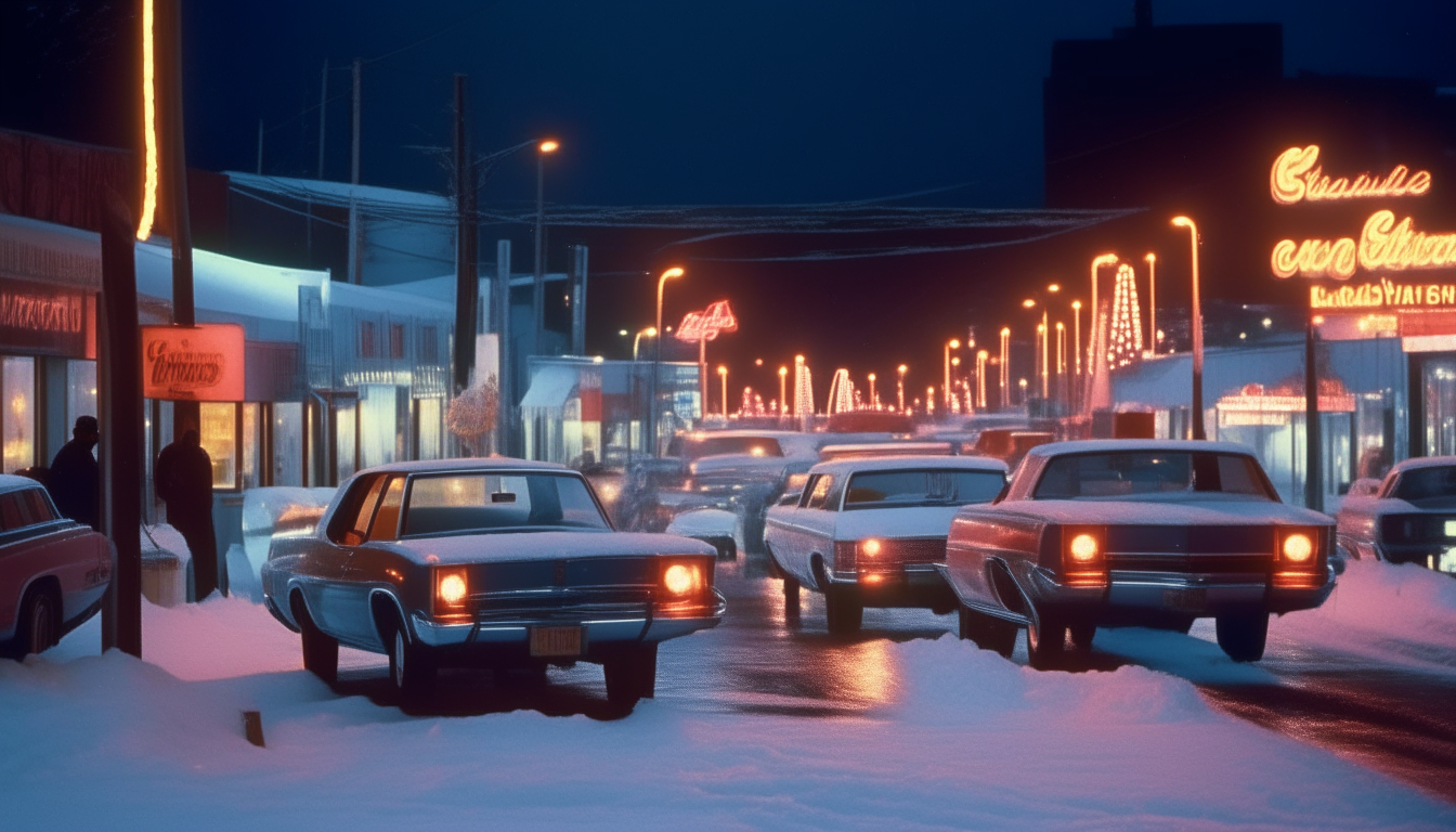 Neon lights reflect off vintage 1980s cars on the snowy street at night.