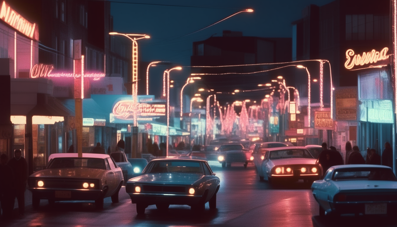 The neon-lit city street at night, now with 1980s cars like the Toyota Corolla, Honda Civic and Ford Thunderbird passing by.