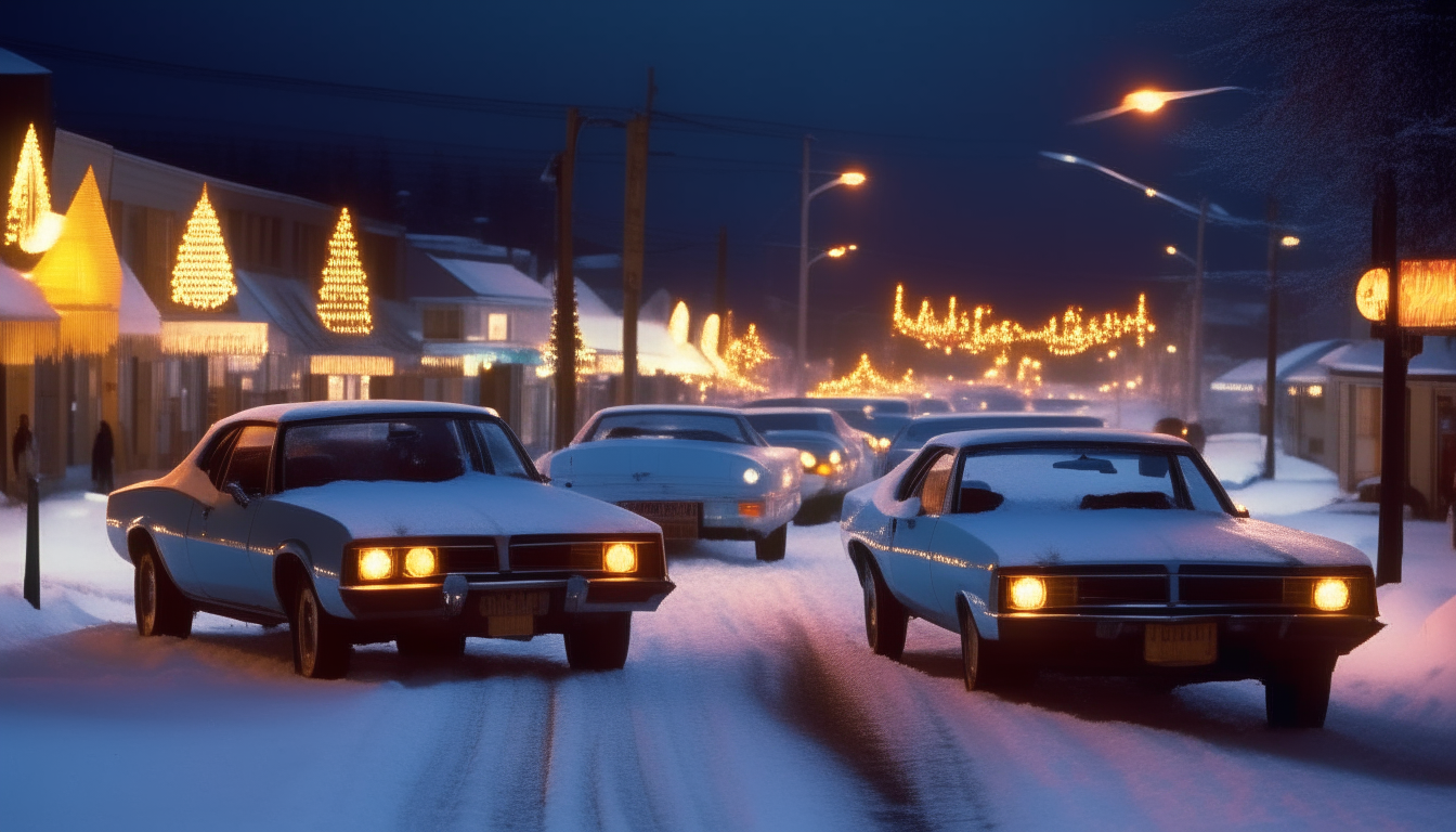 Vintage 1986 cars such as the Chevrolet Camaro, Dodge Charger and Volkswagen Jetta reflect the neon glow on the snowy roads.