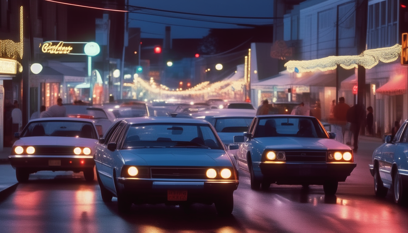 Classic 1990s cars like the Toyota Camry, Honda Accord and Ford Taurus cruise down the neon-lit street.