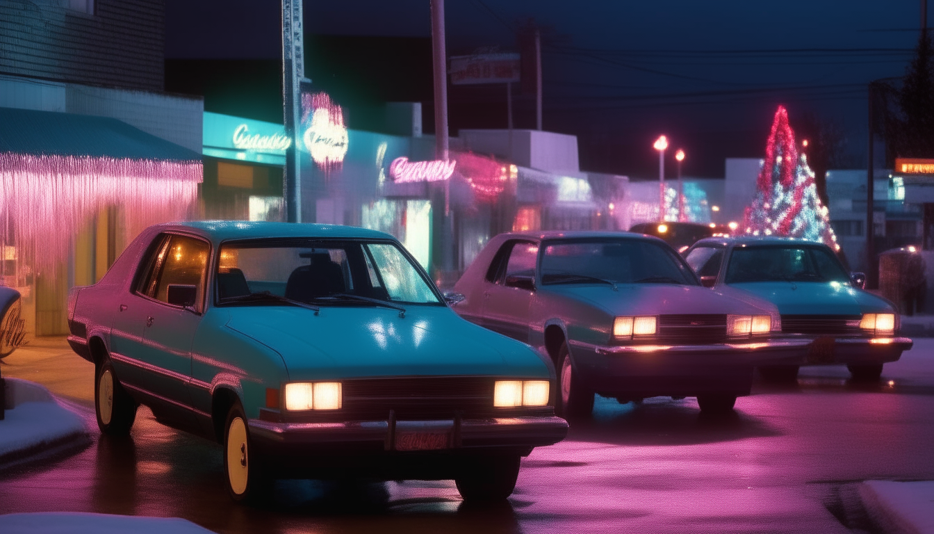 A neon glow washes over 1990s vehicles including the Nissan Maxima, Dodge Intrepid and Chevrolet Lumina parked at the curbside.