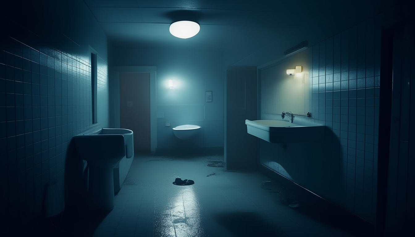 A dimly lit bathroom at night, with flickering fluorescent lights casting shadows. Fog lingers at the floor and an eerie feeling fills the air.