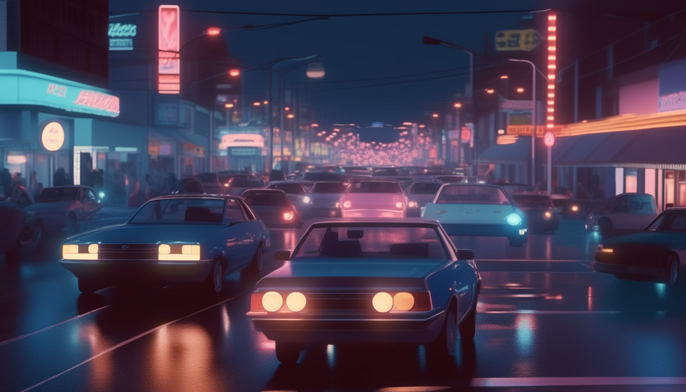 A neon-lit city intersection at night, with realistic lighting and reflections on 1990s cars and buildings in ultra-high resolution 8K.