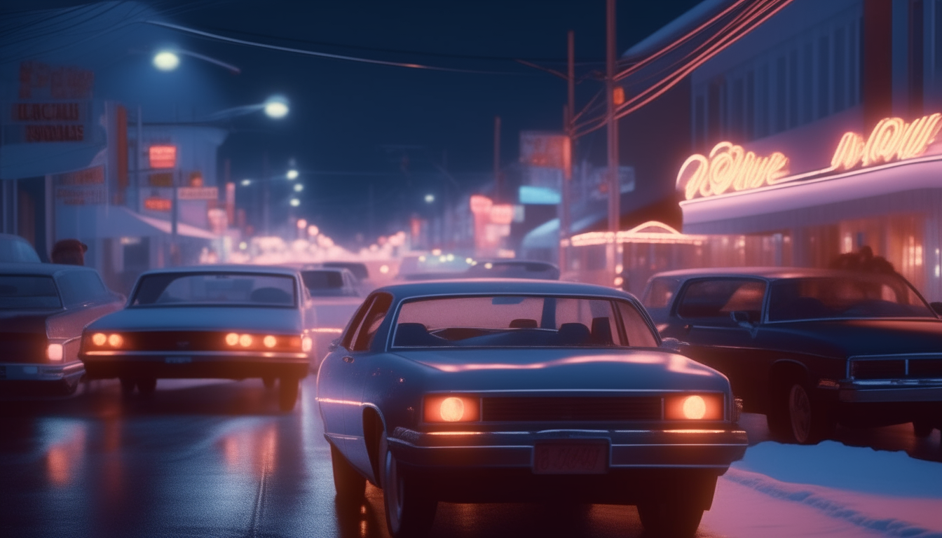 Realistic neon signs and car lights illuminate the snowy road in intricate detail, captured in stunning 8K resolution.