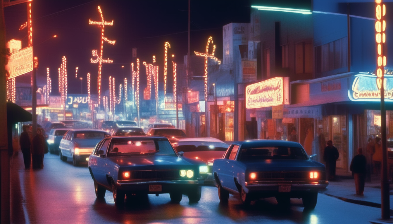 It's 1987 in the neon-lit city, where cars like the Honda Civic, Toyota Corolla and Ford Thunderbird cruise past glowing signs.