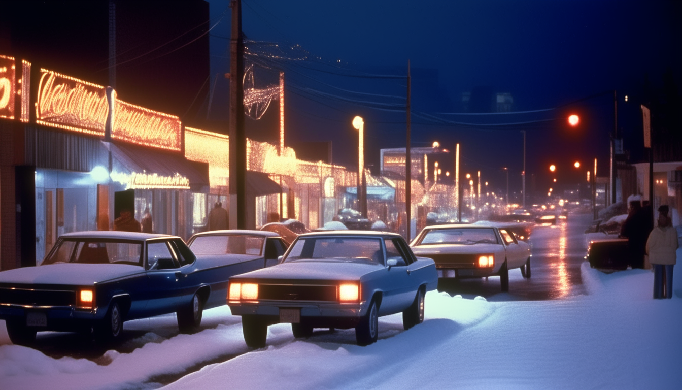 Classic 1980s cars are parked along the snowy street, reflected in the neon lights of this winter night in 1987.