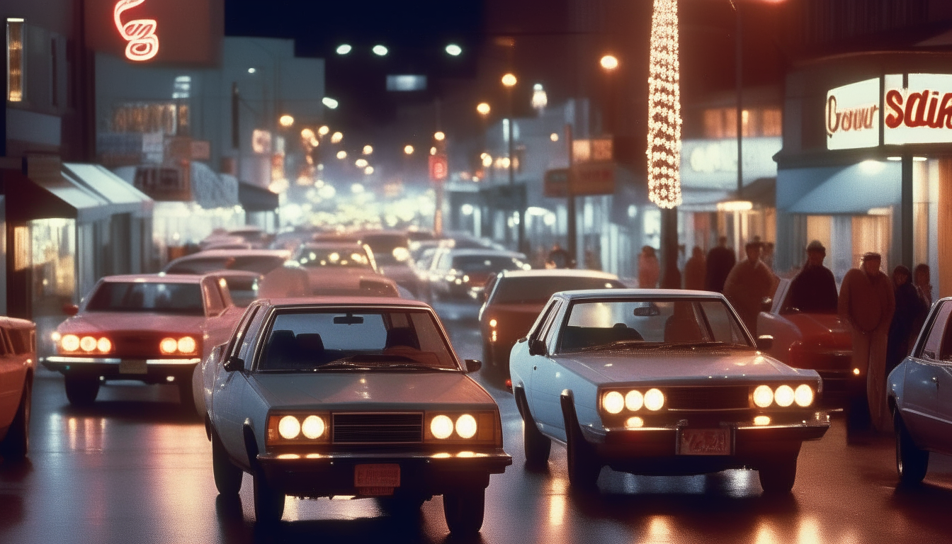 Classic 1980s cars like the Toyota Corolla, Honda Civic and Ford Taurus cruise down the neon-lit streets of 1987.