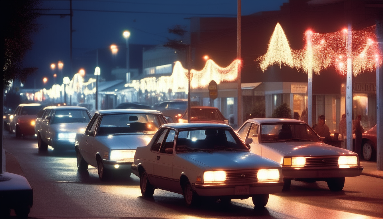 Vintage 1987 vehicles such as the Nissan Sentra, Dodge Shadow and Chevrolet Cavalier are parked along the glowing sidewalks.