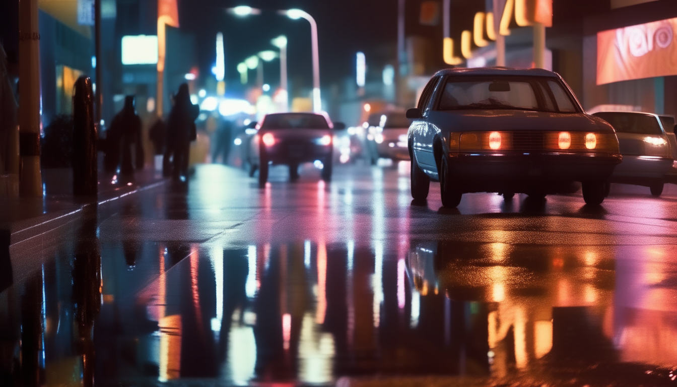 Neon reflections dance on the wet pavement, illuminating the rainy night with colorful streaks of light from passing cars.