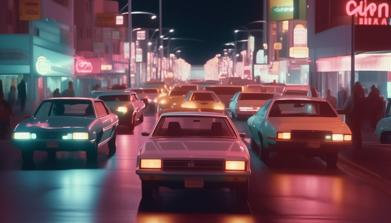 The city street glows with neon signs and car lights at night. 1980s vehicles glide past in shades of pink, green and blue.