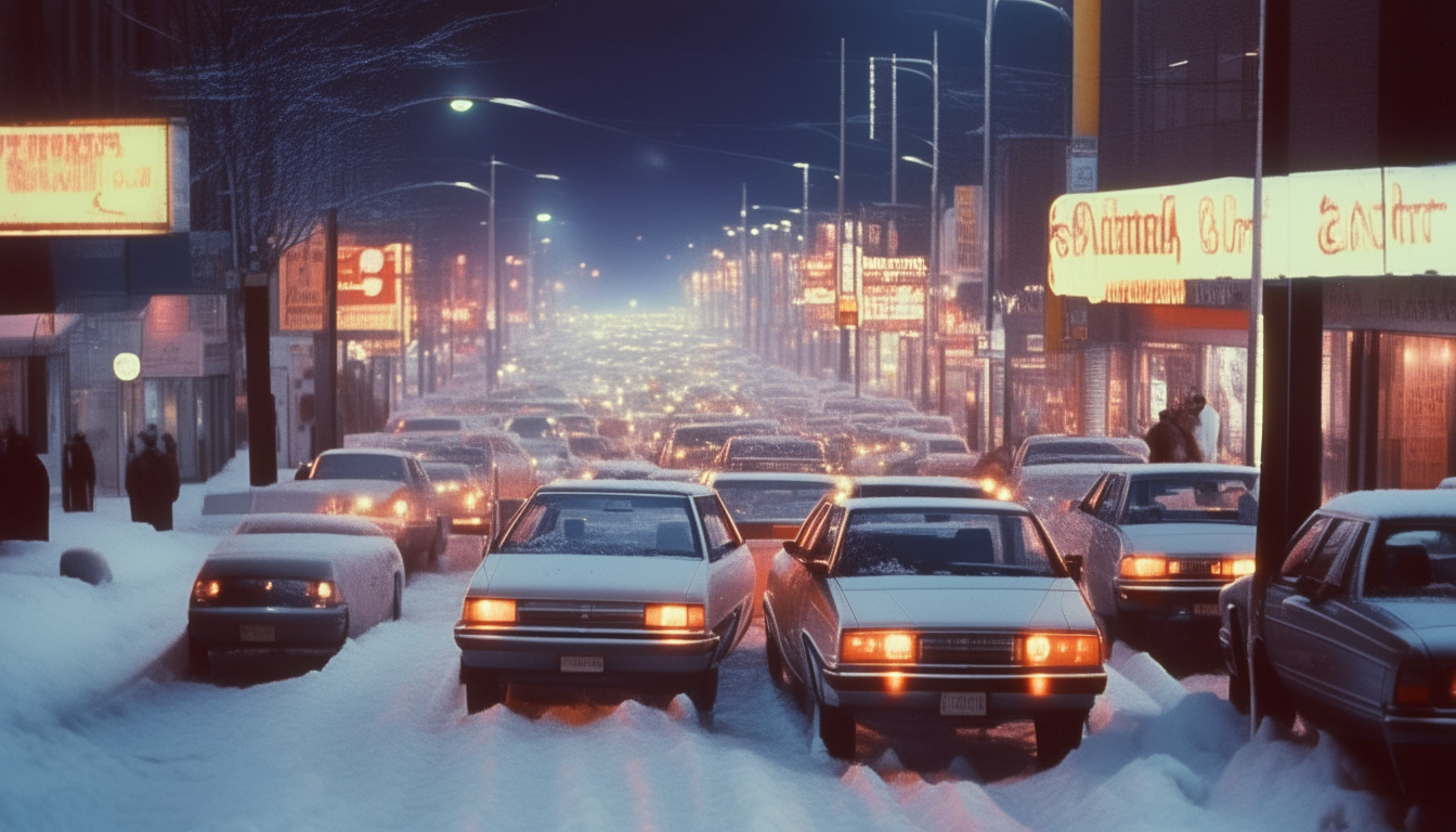 A bustling city street on a snowy Christmas night in 1987, decorated with neon signs, Christmas lights and trees. Cars like the Honda Civic and Toyota Corolla cruise by in the glowing atmosphere.