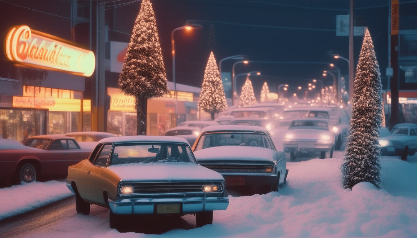 A decorated Christmas tree stands brightly lit in the snow, next to parked cars under neon signs.
