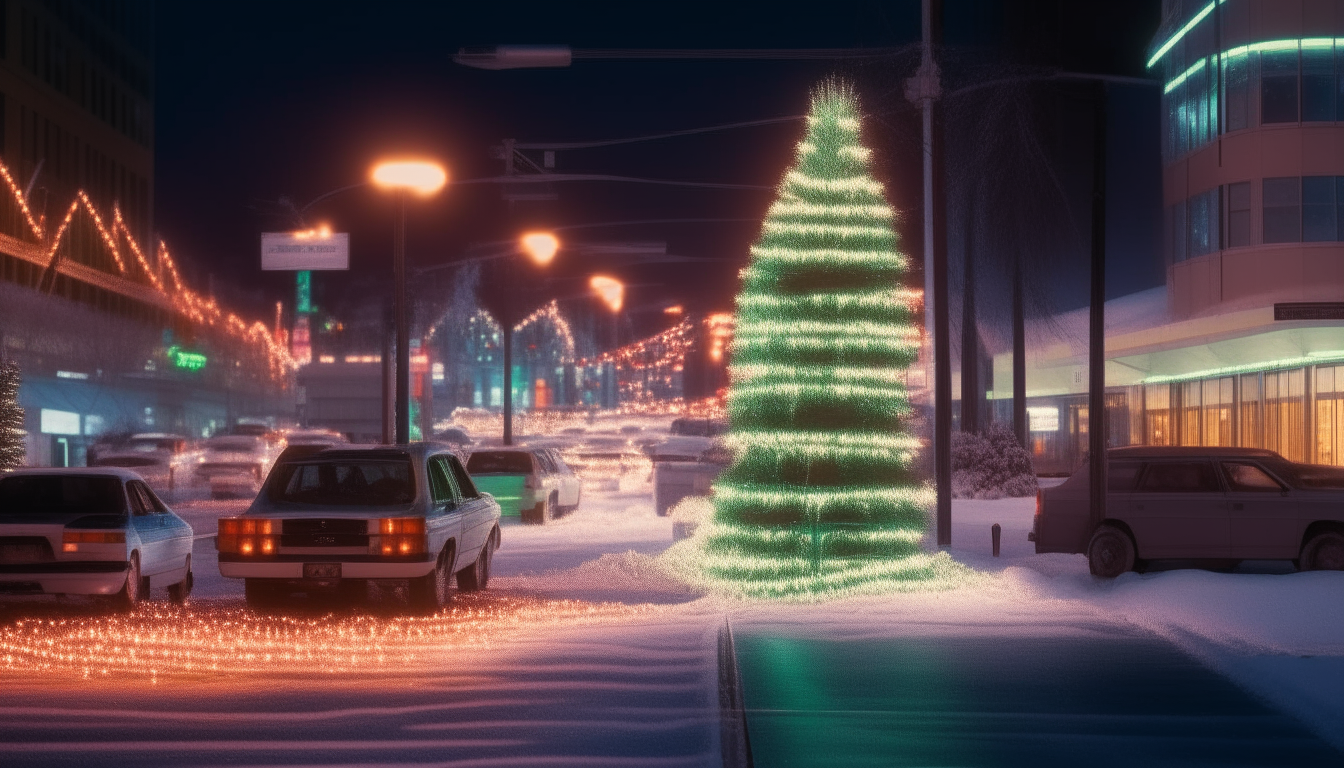 Festive lights twinkle on an evergreen Christmas tree in the glow of the neon-lit sidewalks.