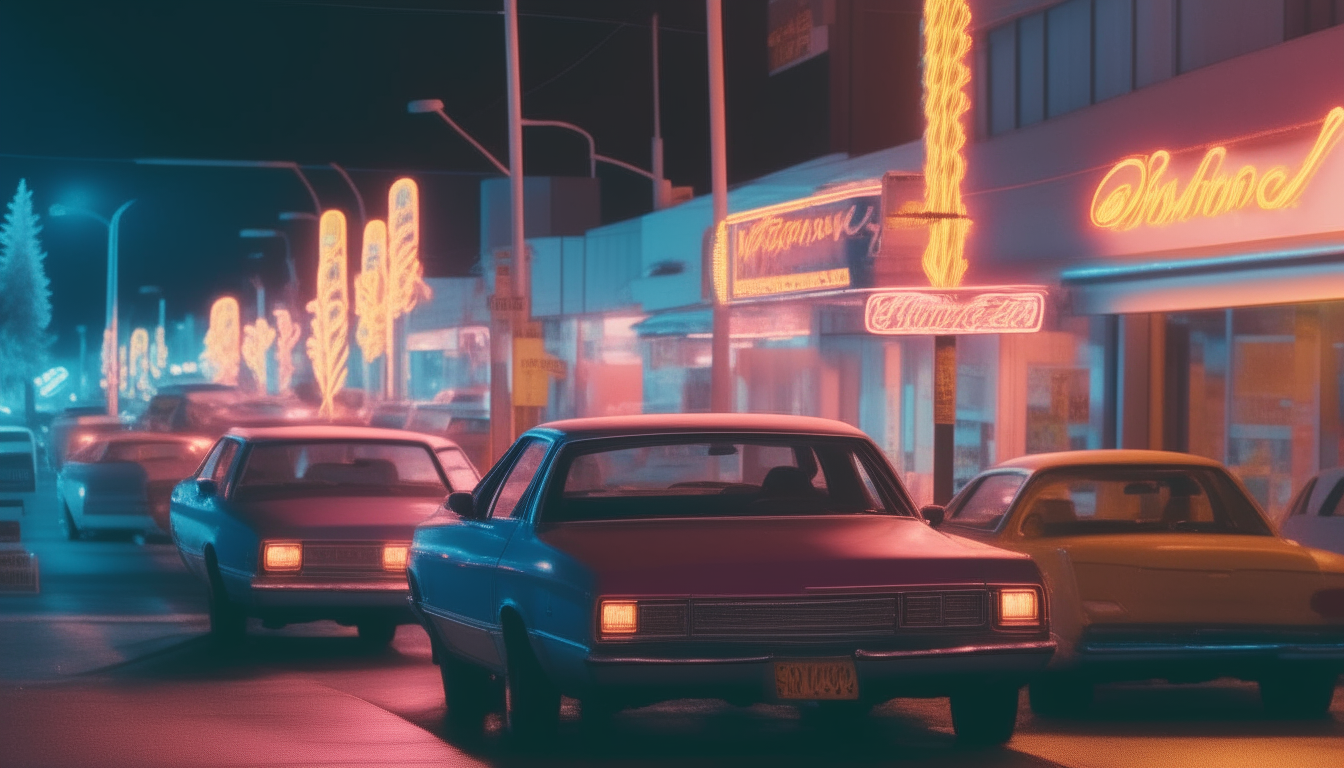 A neon-lit street corner at night, with cars passing under the colorful signs.
