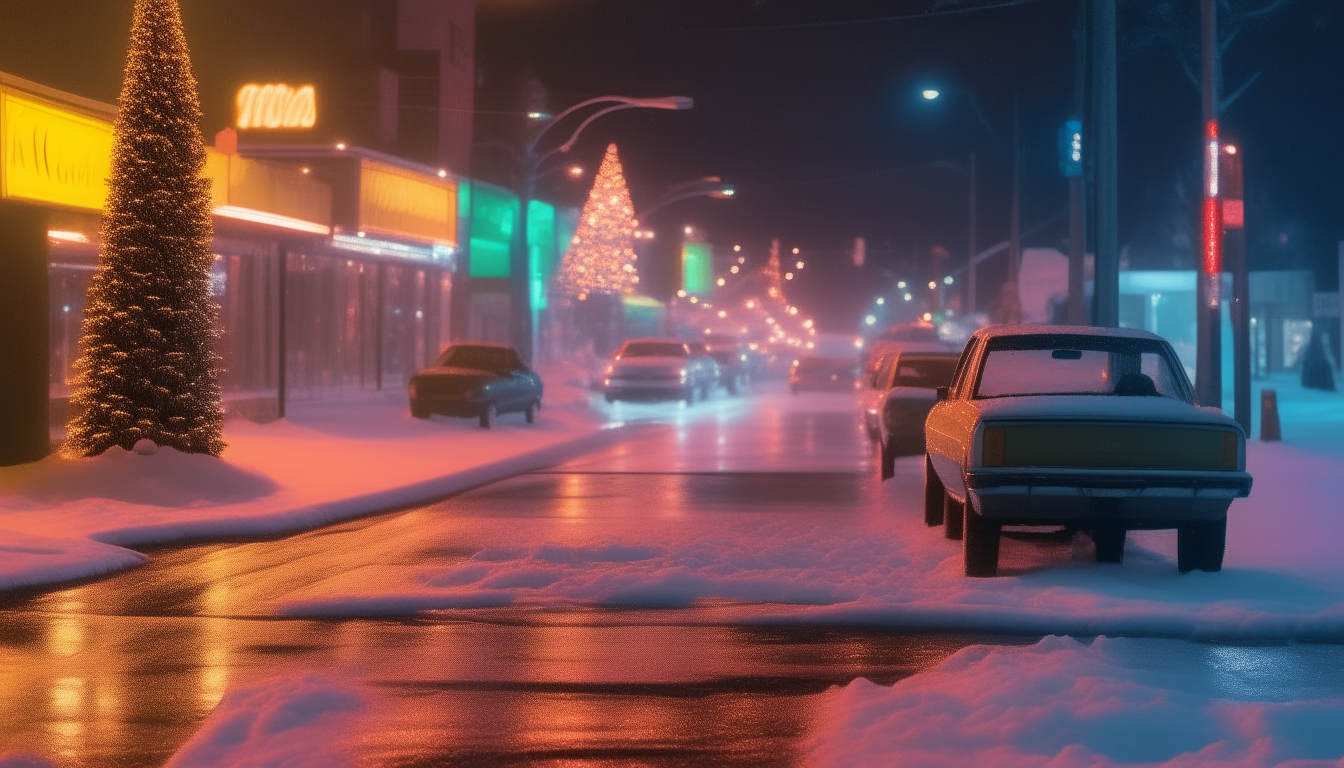 Festive lights and neon glow reflect off the wet pavement on a snowy evening.