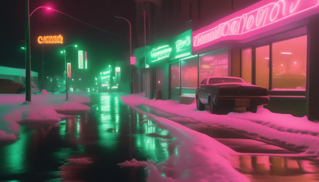 Neon signs glow pink and green, reflecting off the wet pavement under a light snowfall.