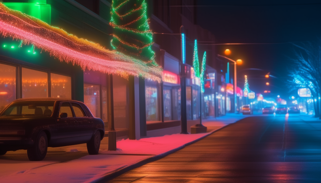 Christmas lights twinkle along the sidewalk, mingling with the neon glow from storefronts.