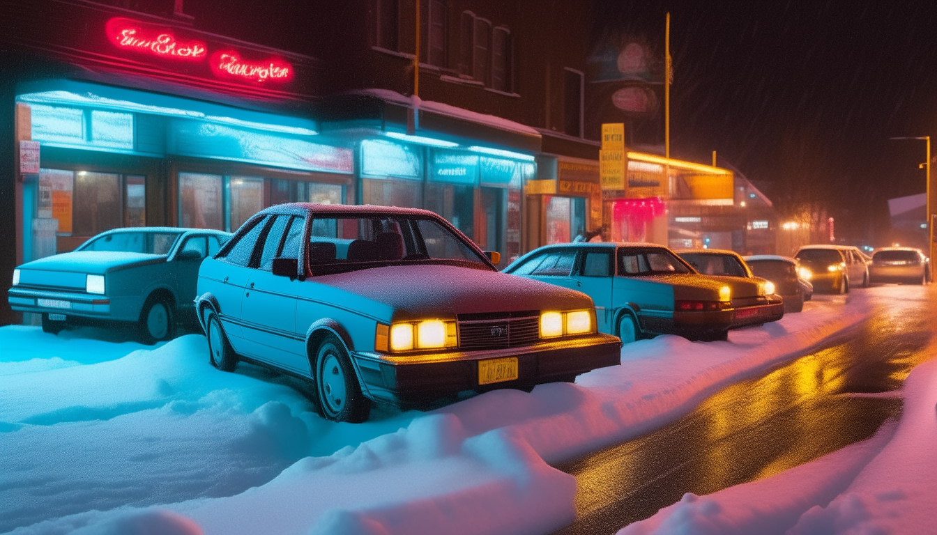 Classic 1980s cars like the Honda Civic, Toyota Corolla and Ford Taurus cruise down the snowy streets under colored neon signs.