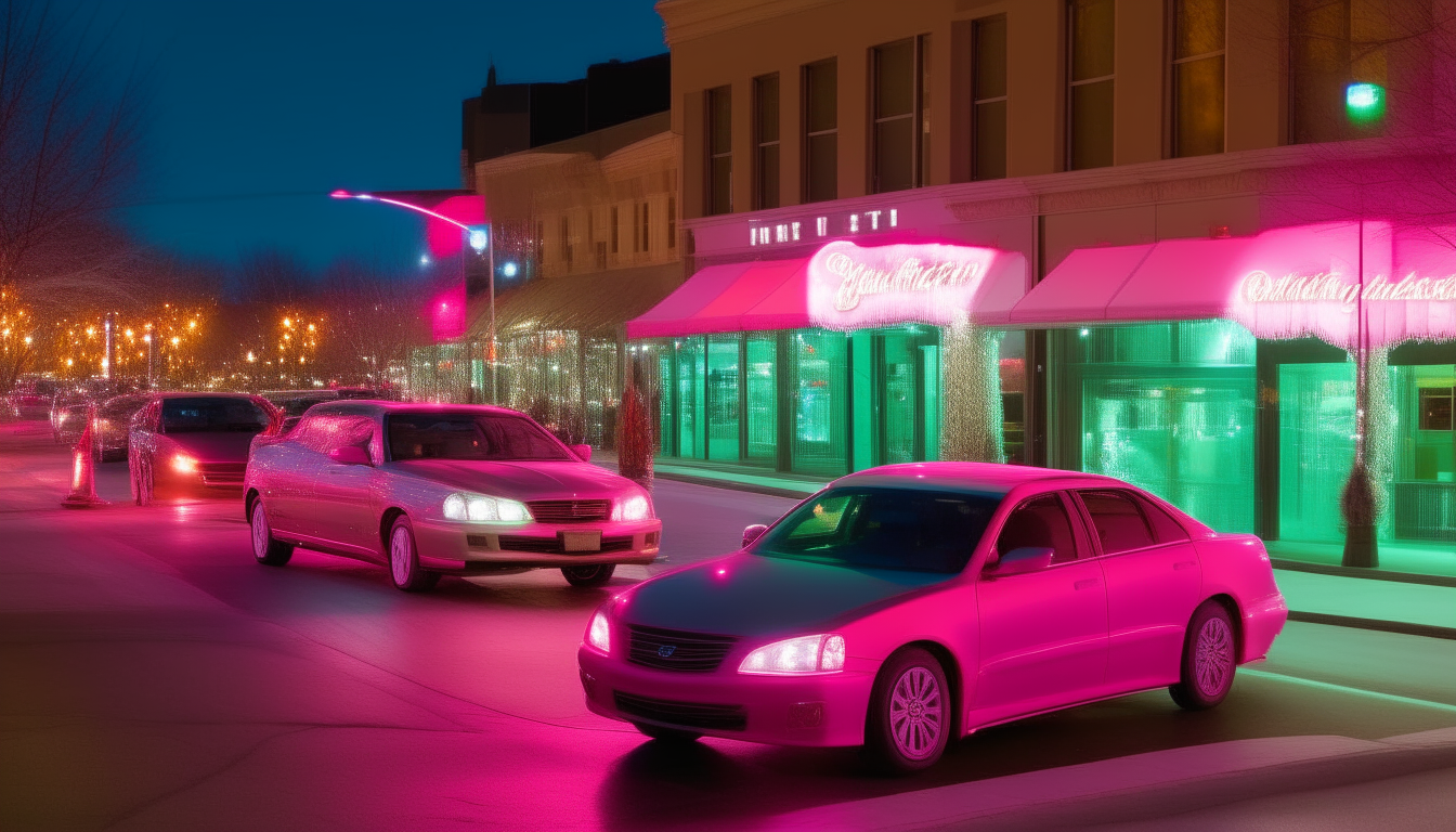 Vehicles such as the Nissan Maxima, Chevrolet Beretta and Dodge Shadow drive past festive storefronts aglow in pinks and greens.
