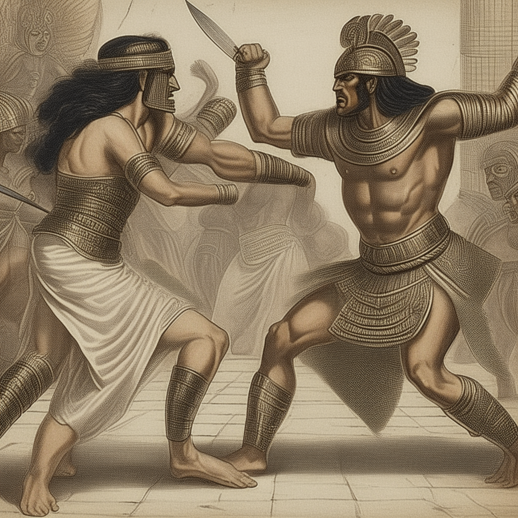 Anu confronting Alalu, challenging him to unarmed combat in ancient Sumerian mythology