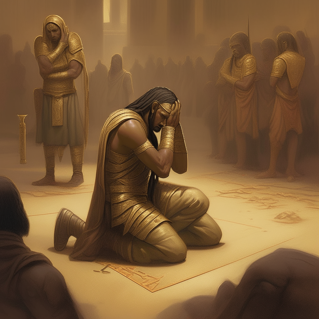 Alalu kneeling in defeat after losing to Anu in combat for the throne